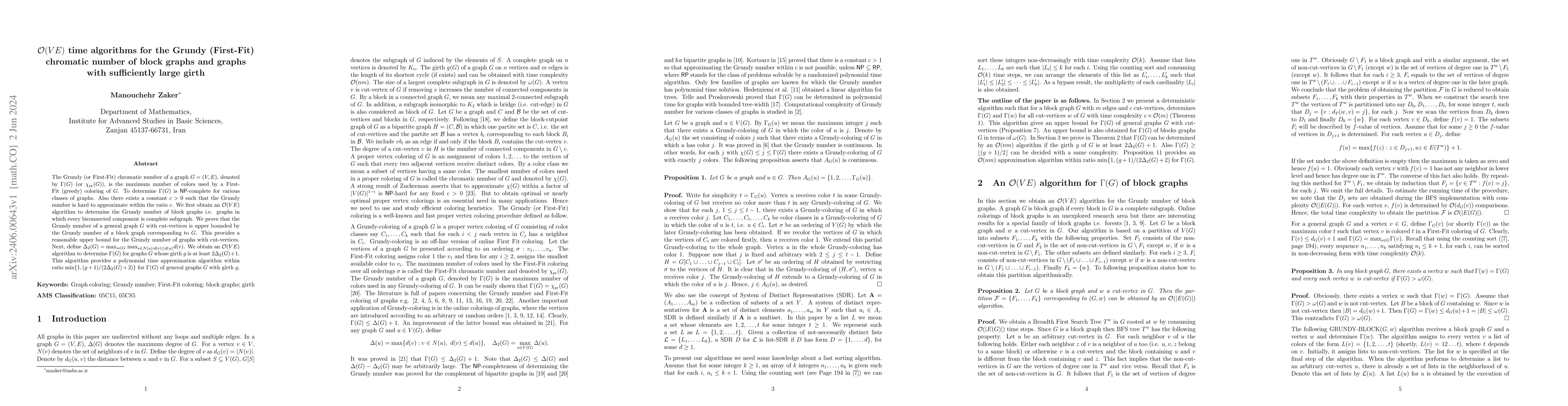 Thumbnail for $\mathcal{O}(VE)$ time algorithms for the Grundy (First-Fit) chromatic
  number of block graphs and graphs with sufficiently large girth