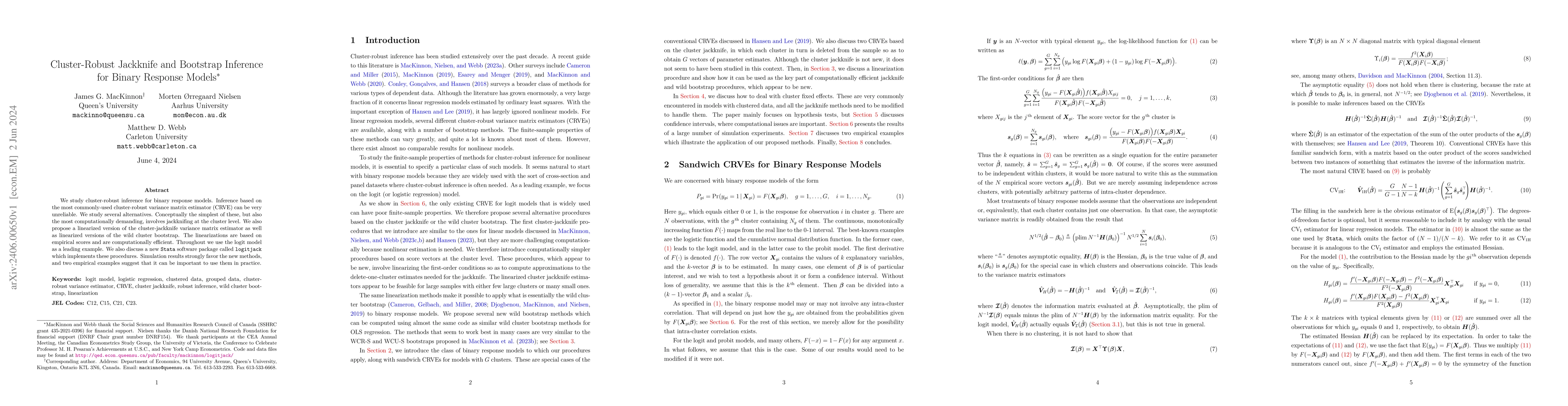 Thumbnail for Cluster-robust jackknife and bootstrap inference for binary response
  models