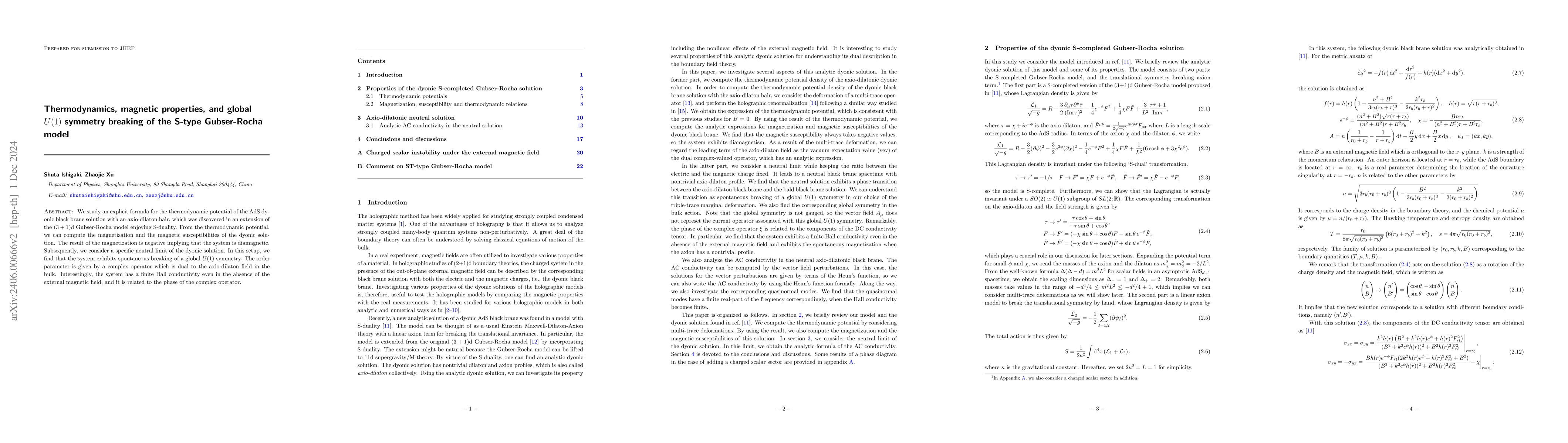 Thumbnail for Thermodynamics, magnetic properties, and global $U(1)$ symmetry breaking
  of the S-type Gubser-Rocha model