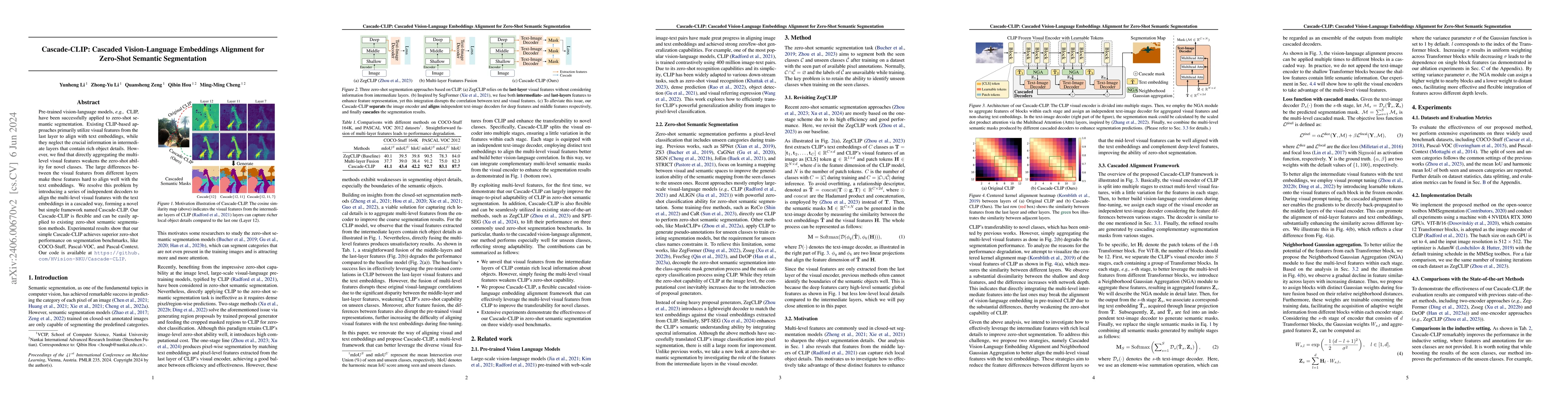 Thumbnail for Cascade-CLIP: Cascaded Vision-Language Embeddings Alignment for
  Zero-Shot Semantic Segmentation