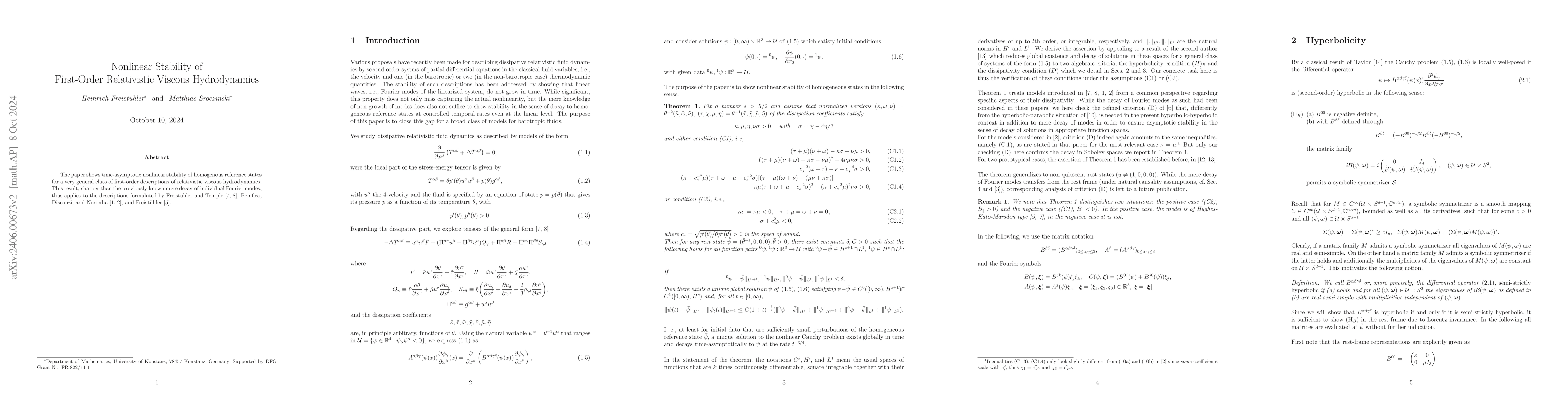 Thumbnail for Nonlinear Stability of First-Order Relativistic Viscous Hydrodynamics