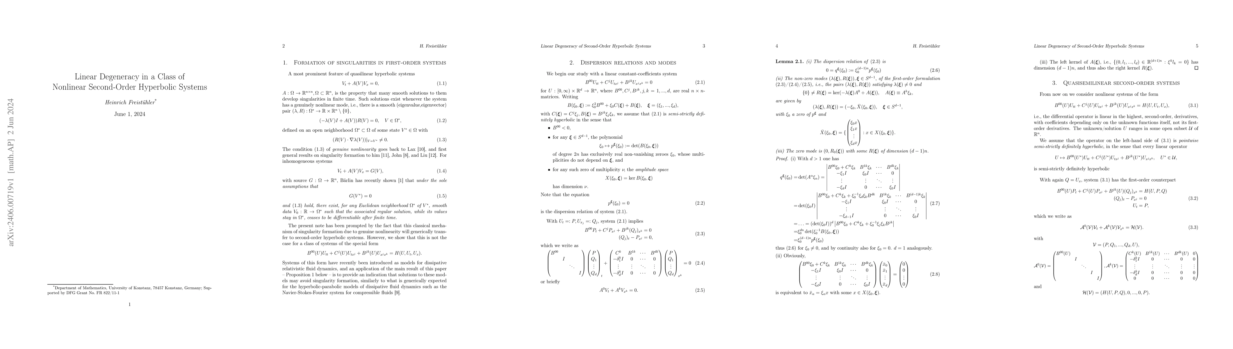 Thumbnail for Linear Degeneracy in a Class of Nonlinear Second-Order Hyperbolic
  Systems