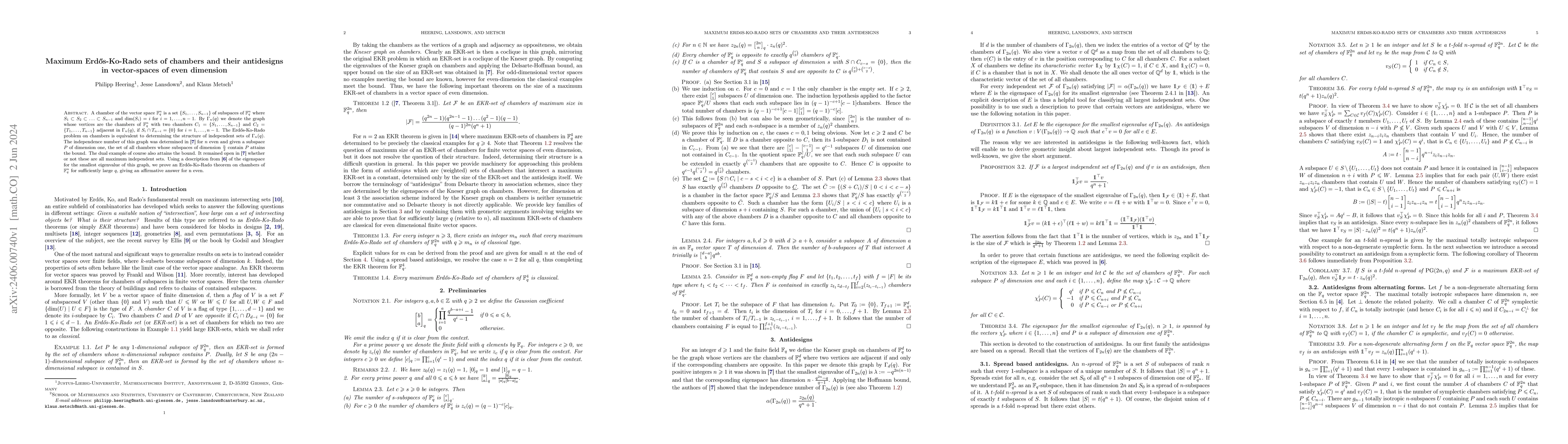 Thumbnail for Maximum Erd\H{o}s-Ko-Rado sets of chambers and their antidesigns in
  vector-spaces of even dimension
