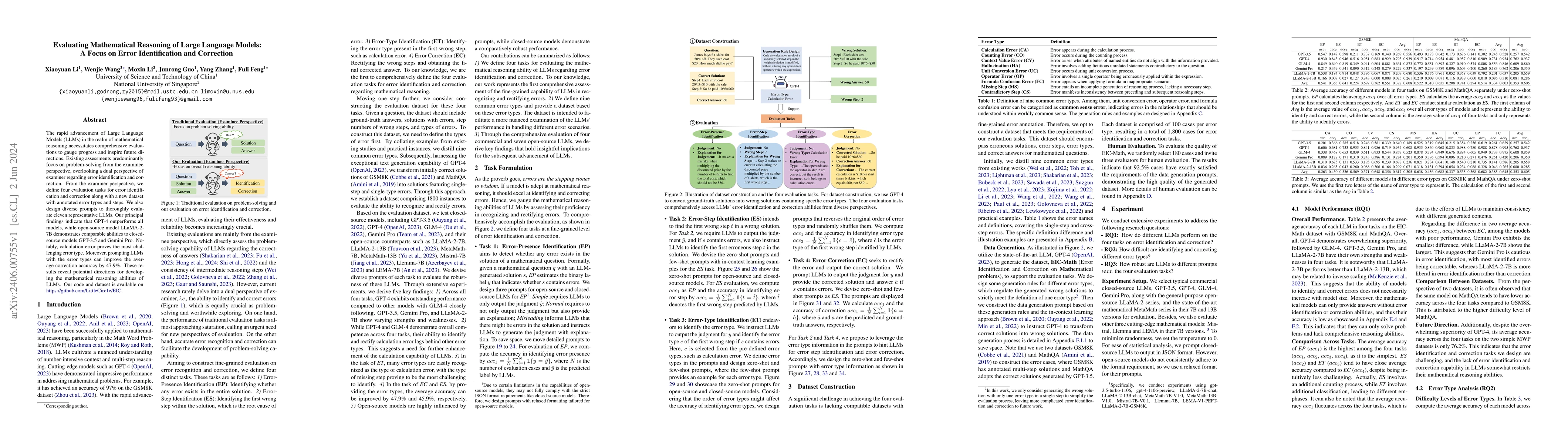 Thumbnail for Evaluating Mathematical Reasoning of Large Language Models: A Focus on
  Error Identification and Correction