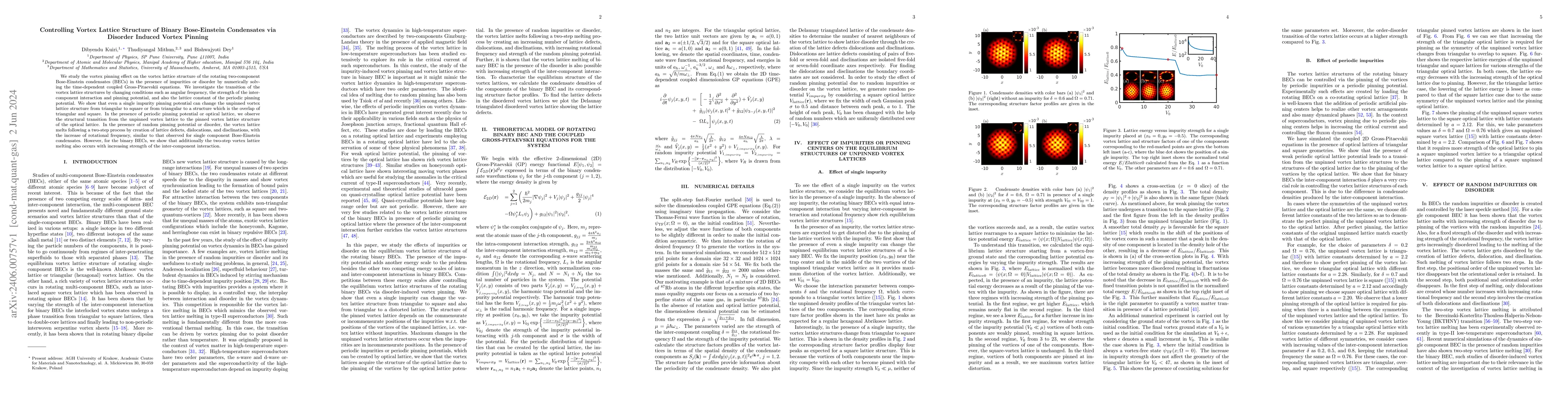 Thumbnail for Controlling Vortex Lattice Structure of Binary Bose-Einstein Condensates
  via Disorder Induced Vortex Pinning