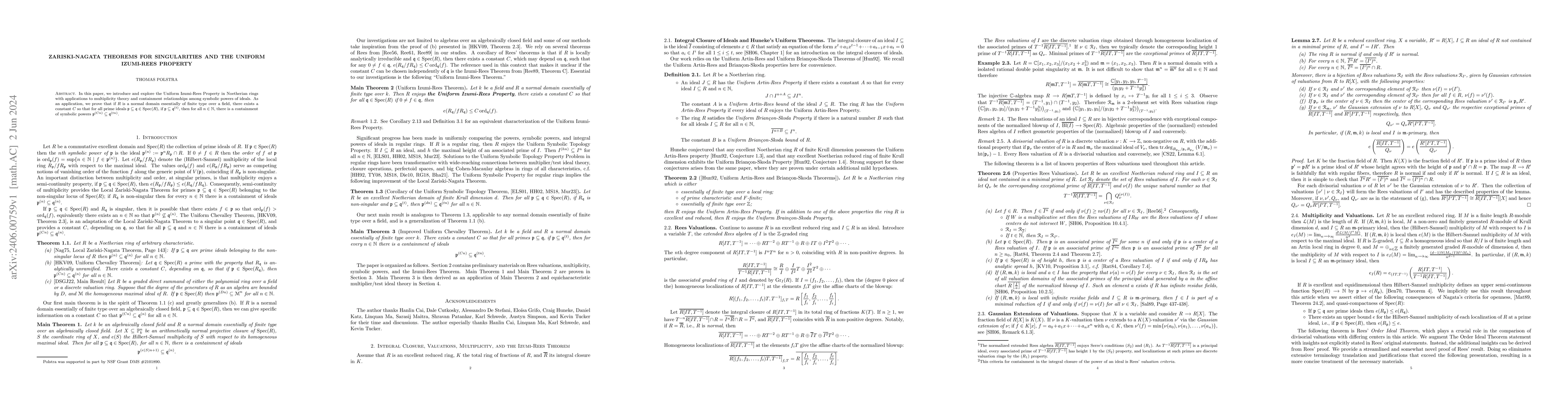 Thumbnail for Zariski-Nagata Theorems for Singularities and the Uniform Izumi-Rees
  Property