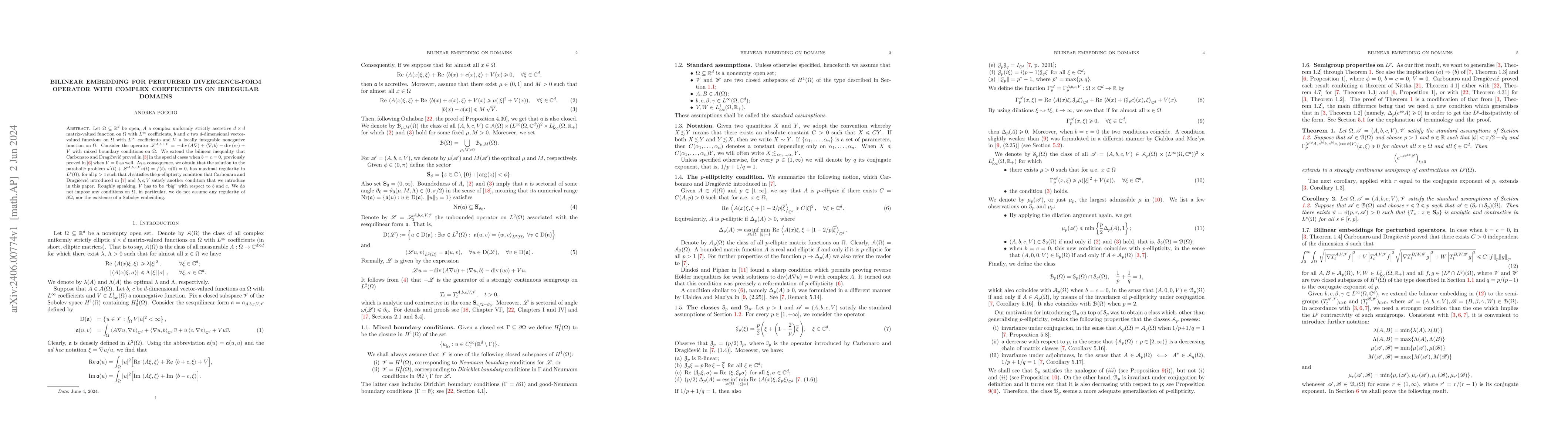 Thumbnail for Bilinear embedding for perturbed divergence-form operator with complex
  coefficients on irregular domains