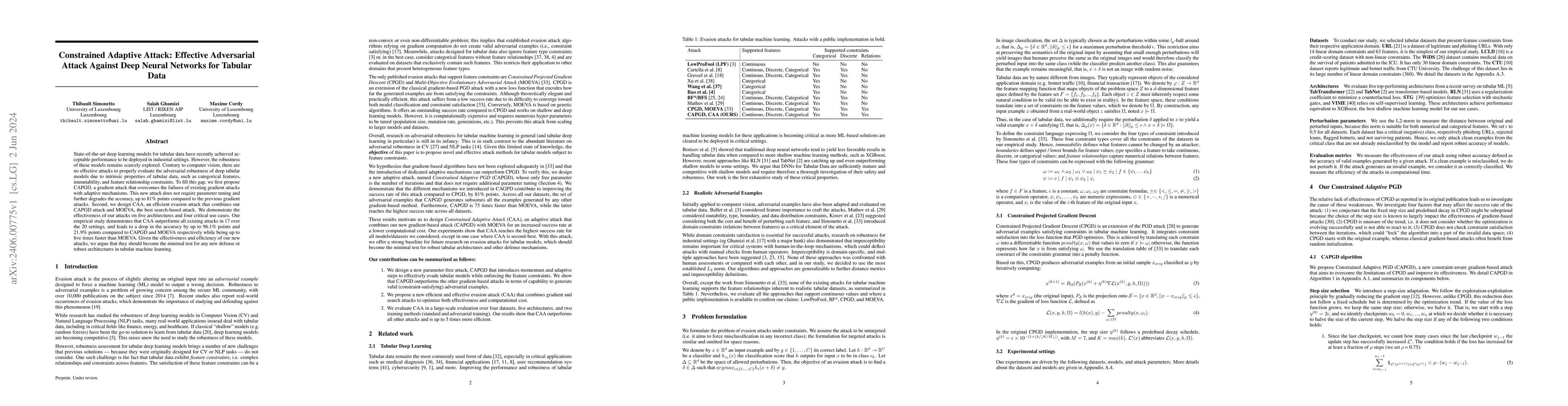 Thumbnail for Constrained Adaptive Attack: Effective Adversarial Attack Against Deep
  Neural Networks for Tabular Data