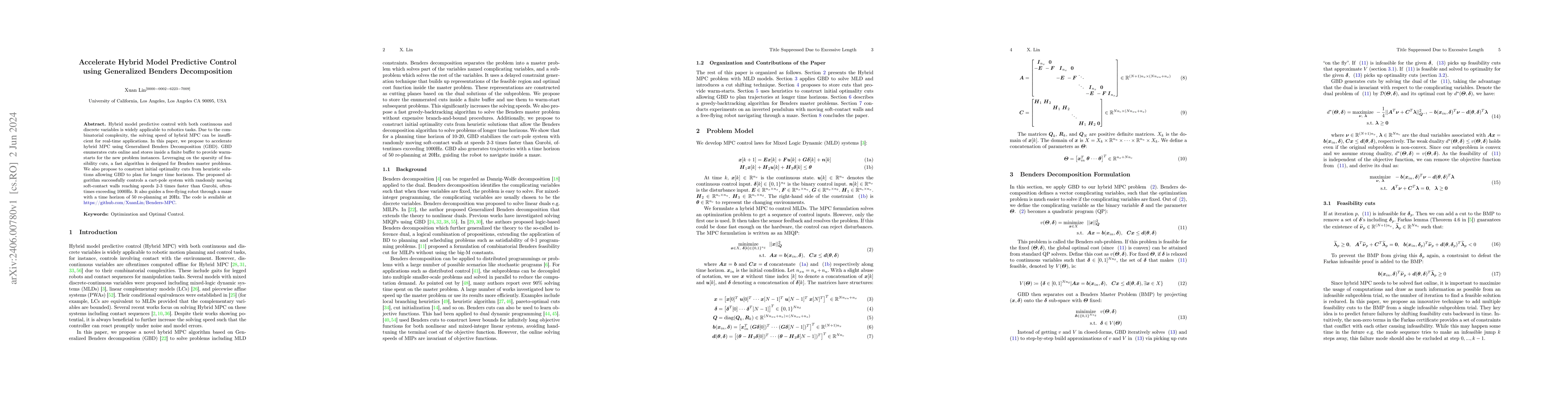 Thumbnail for Accelerate Hybrid Model Predictive Control using Generalized Benders
  Decomposition