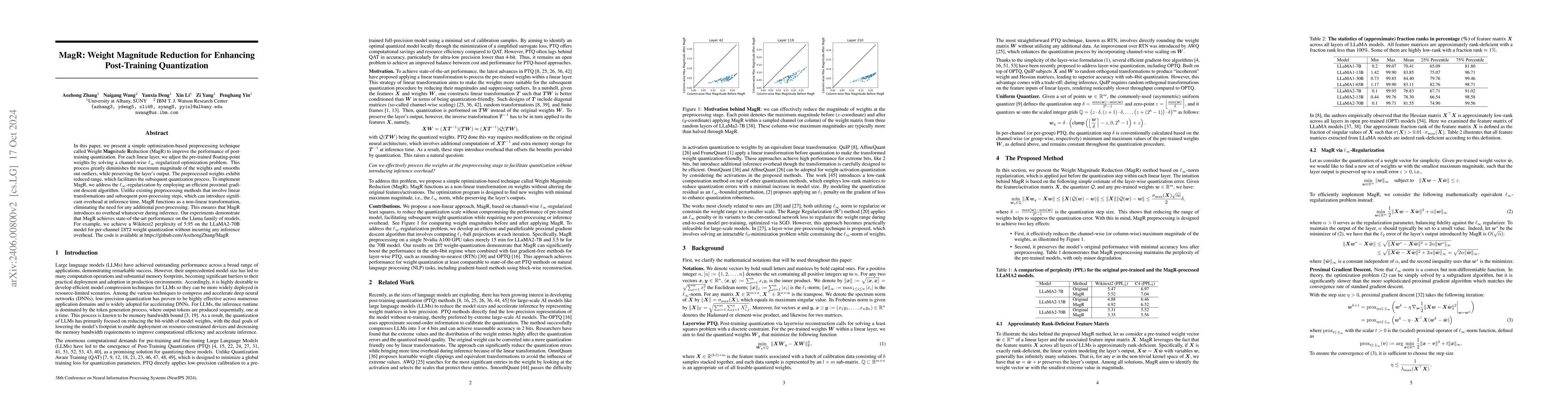 Thumbnail for MagR: Weight Magnitude Reduction for Enhancing Post-Training
  Quantization