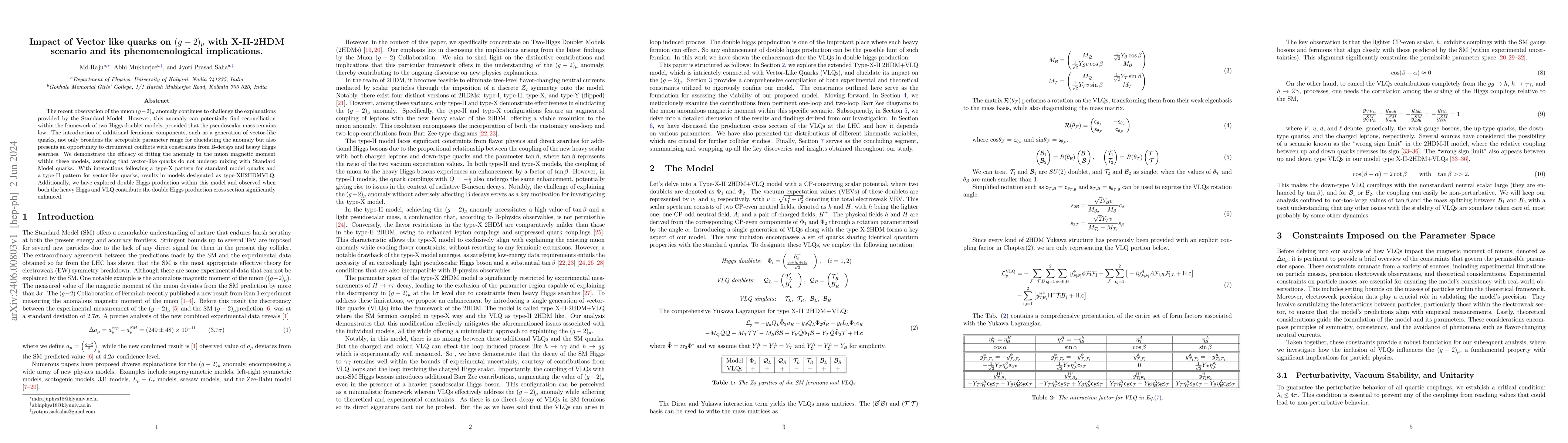 Thumbnail for Impact of Vector like quarks on $(g-2)_{\mu}$ with X-II-2HDM scenario
  and its phenomenological implications