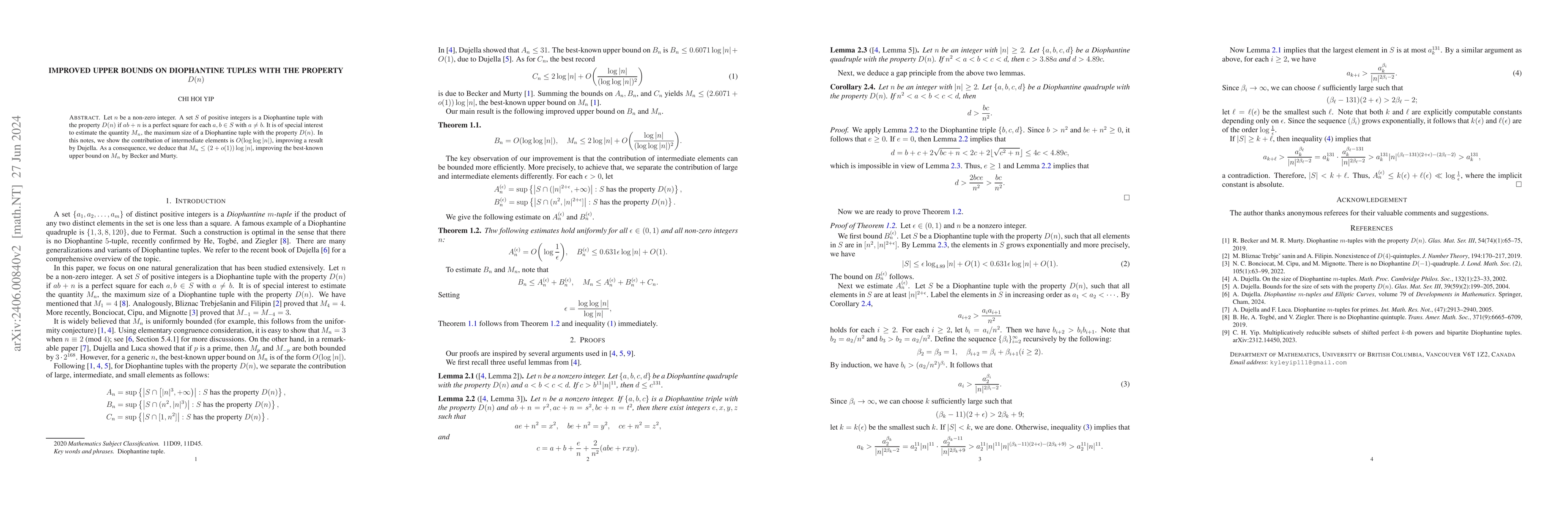 Thumbnail for Improved upper bounds on Diophantine tuples with the property $D(n)$