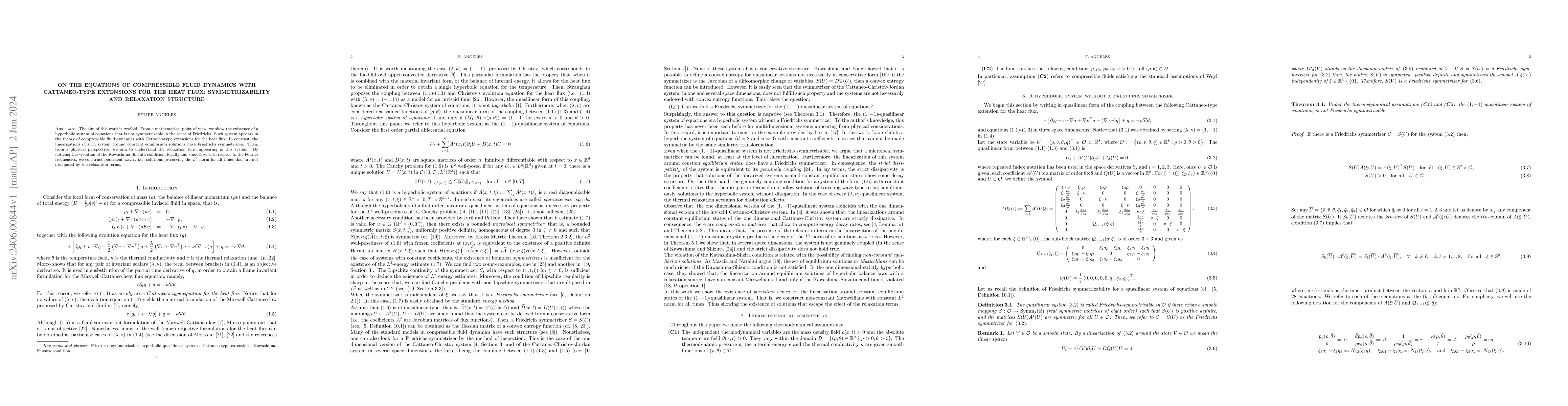 Thumbnail for On the equations of compressible fluid dynamics with Cattaneo-type
  extensions for the heat flux: Symmetrizability and relaxation structure