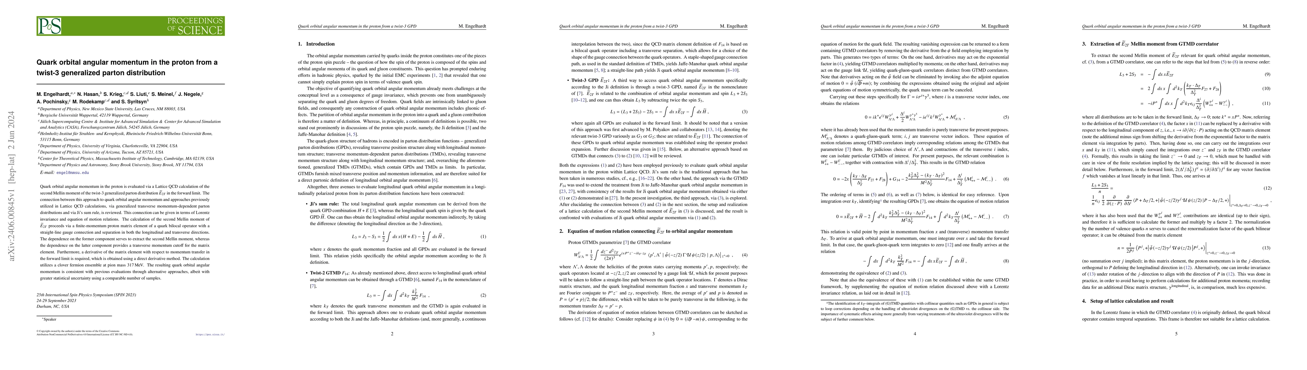 Thumbnail for Quark orbital angular momentum in the proton from a twist-3 generalized
  parton distribution
