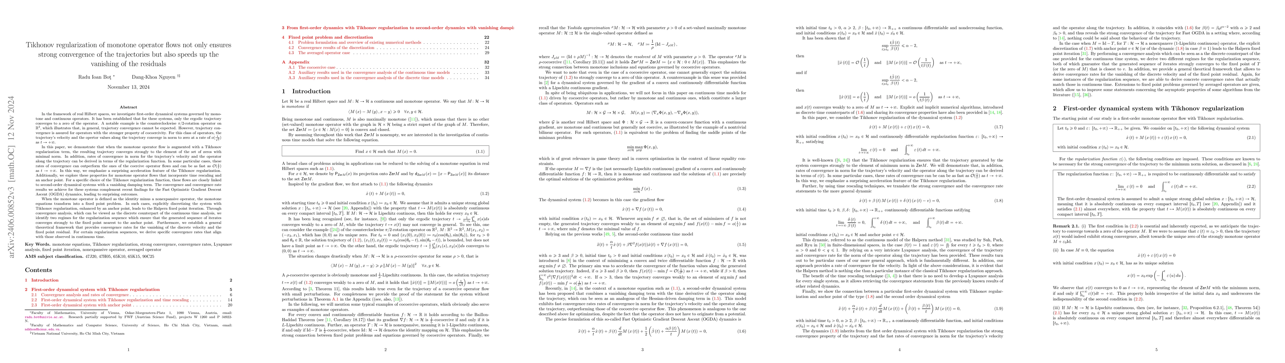 Thumbnail for Tikhonov regularization of monotone operator flows not only ensures
  strong convergence of the trajectories but also speeds up the vanishing of
  the residuals