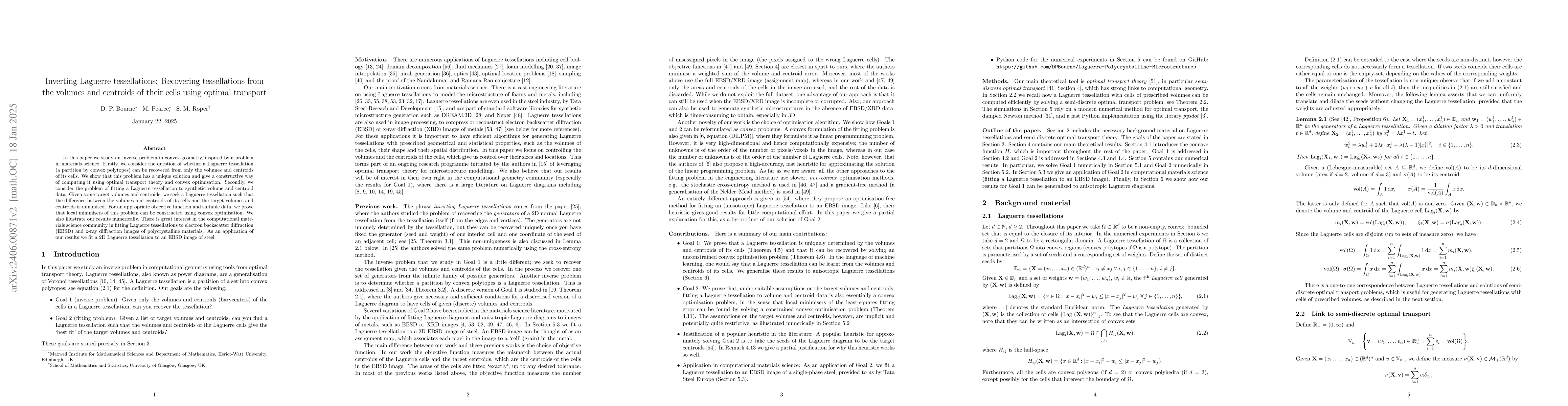 Thumbnail for Inverting Laguerre tessellations: Recovering tessellations from the
  volumes and centroids of their cells using optimal transport