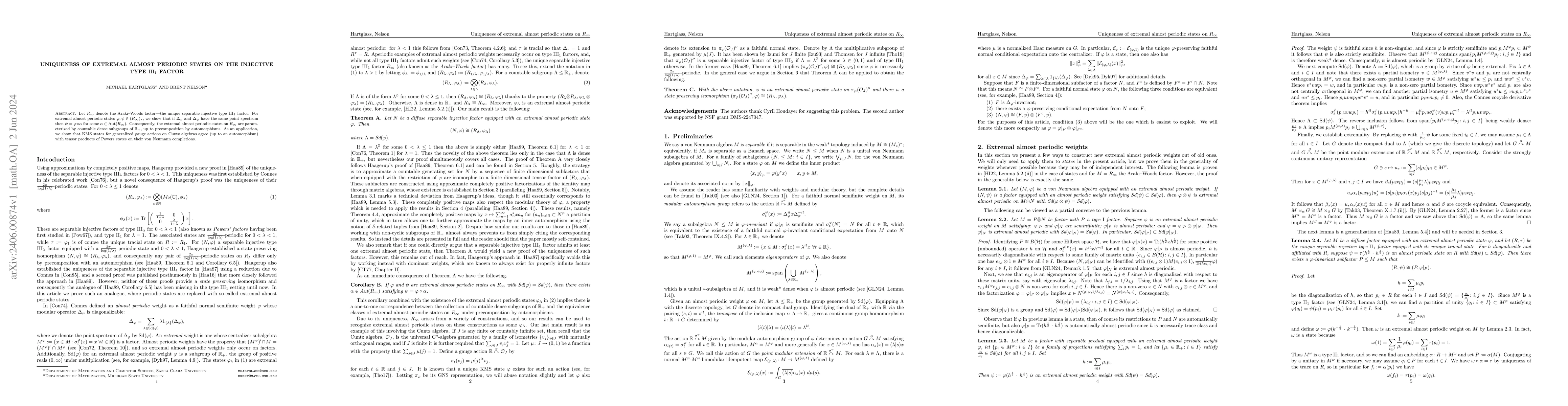 Thumbnail for Uniqueness of extremal almost periodic states on the injective type
  III$_{1}$ factor