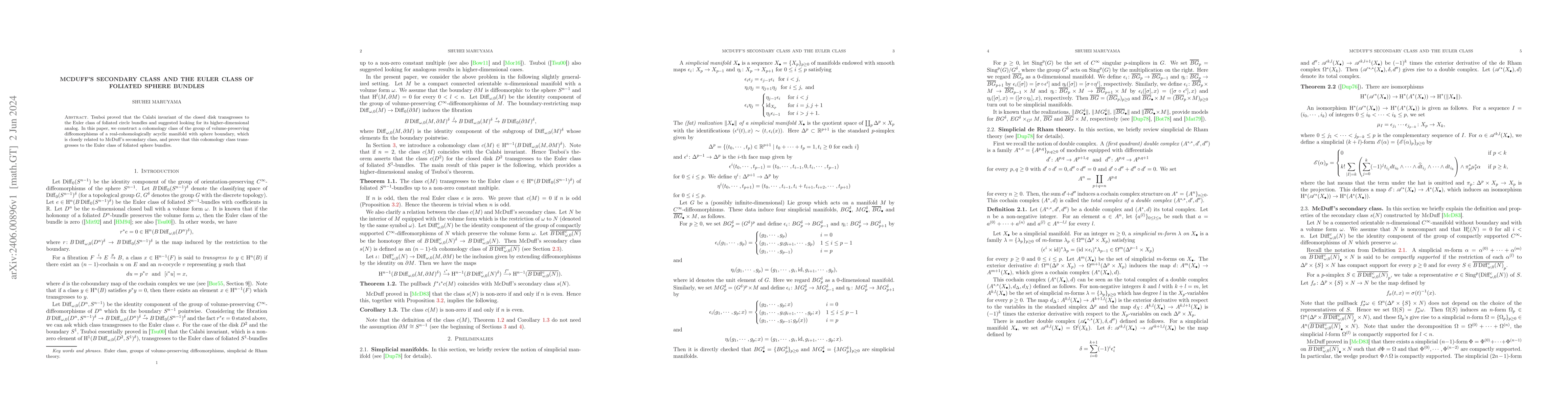 Thumbnail for McDuff's secondary class and the Euler class of foliated sphere bundles