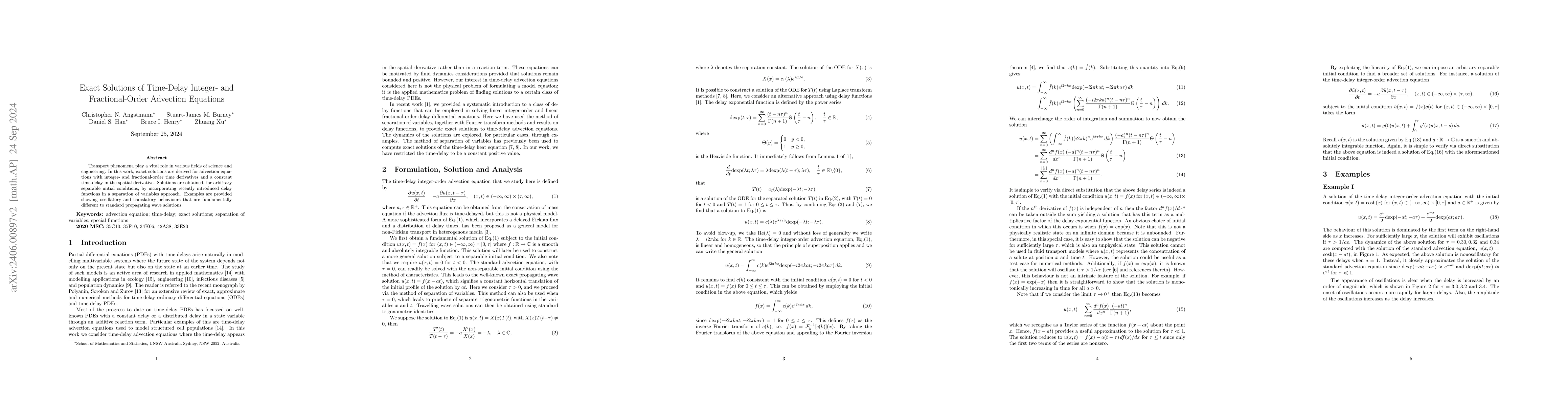 Thumbnail for Exact Solutions of a Time-Delay Advection Equation and a Fractional
  Time-Delay Advection Equation