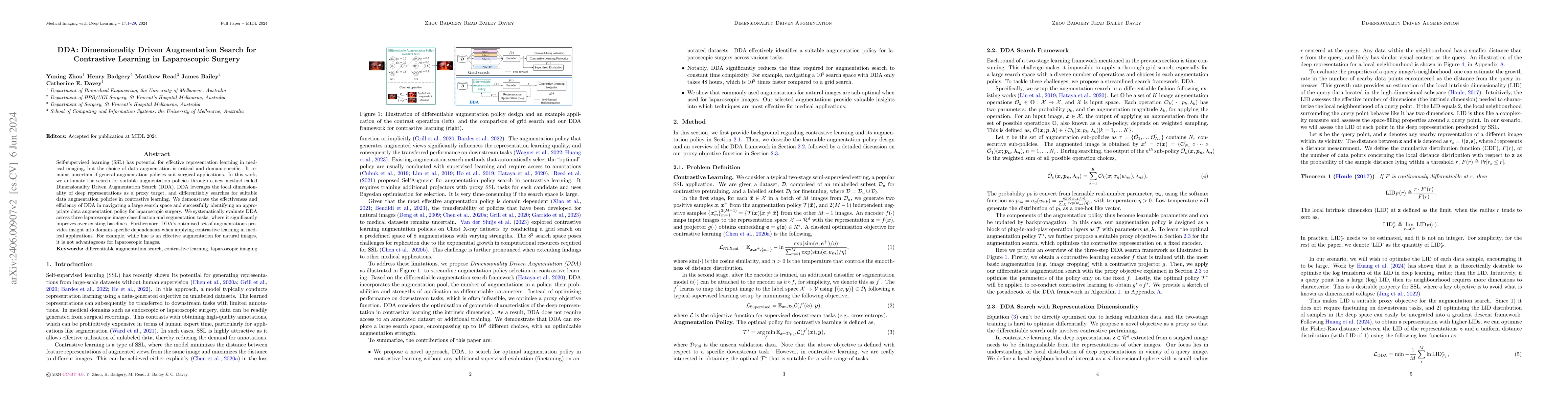 Thumbnail for DDA: Dimensionality Driven Augmentation Search for Contrastive Learning
  in Laparoscopic Surgery