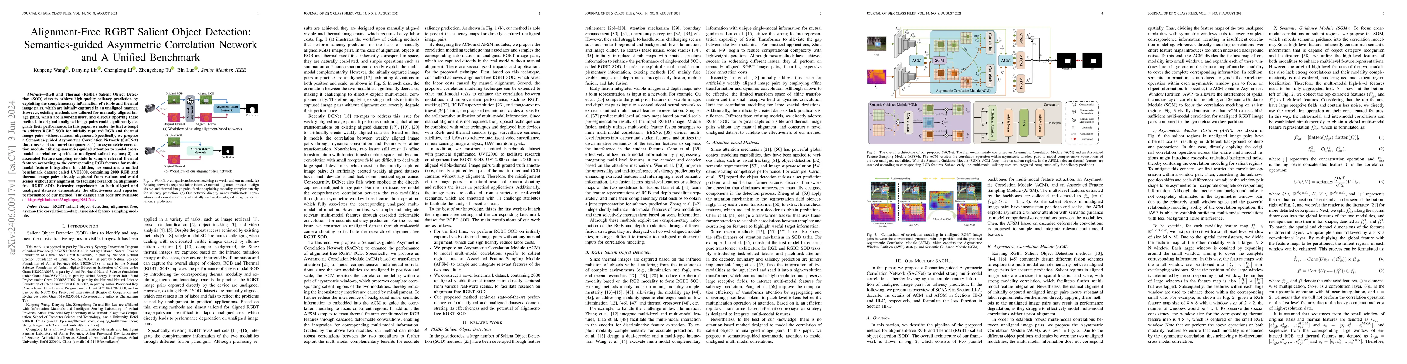 Thumbnail for Alignment-Free RGBT Salient Object Detection: Semantics-guided
  Asymmetric Correlation Network and A Unified Benchmark