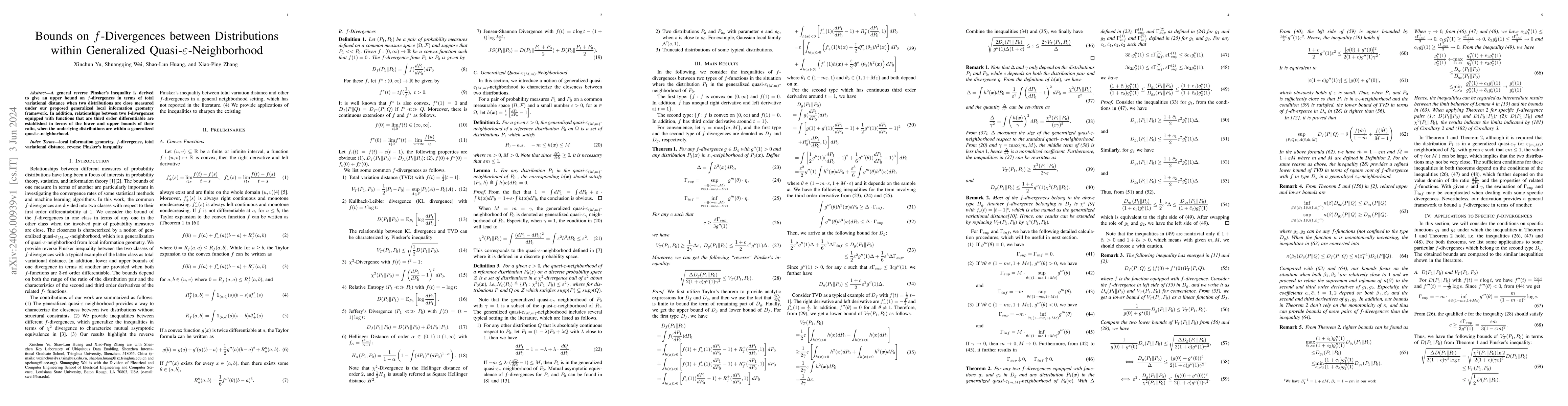 Thumbnail for Bounds on f-Divergences between Distributions within Generalized
  Quasi-$\varepsilon$-Neighborhood