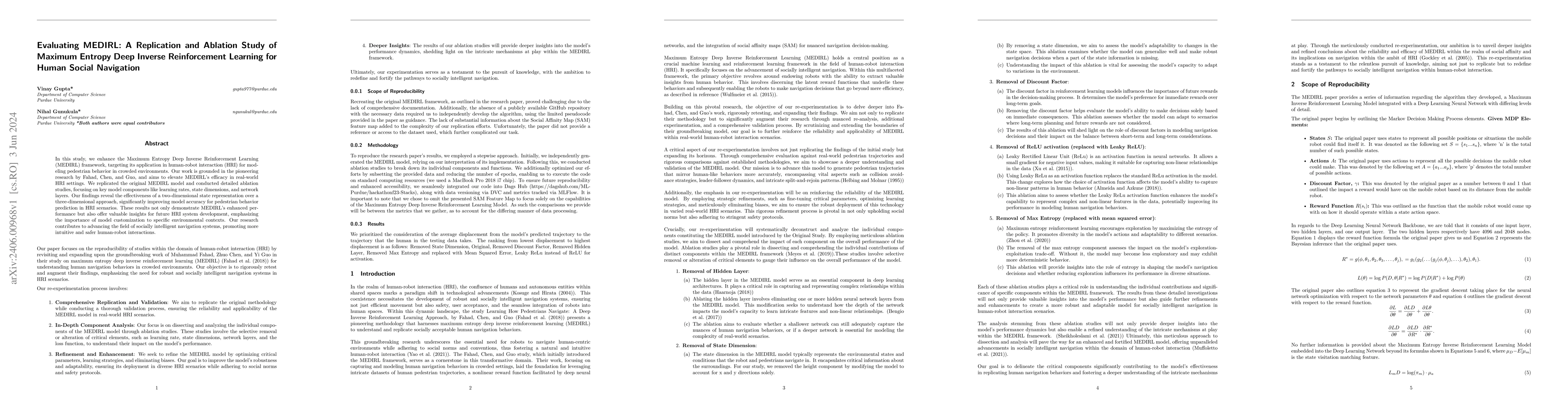 Thumbnail for Evaluating MEDIRL: A Replication and Ablation Study of Maximum Entropy
  Deep Inverse Reinforcement Learning for Human Social Navigation