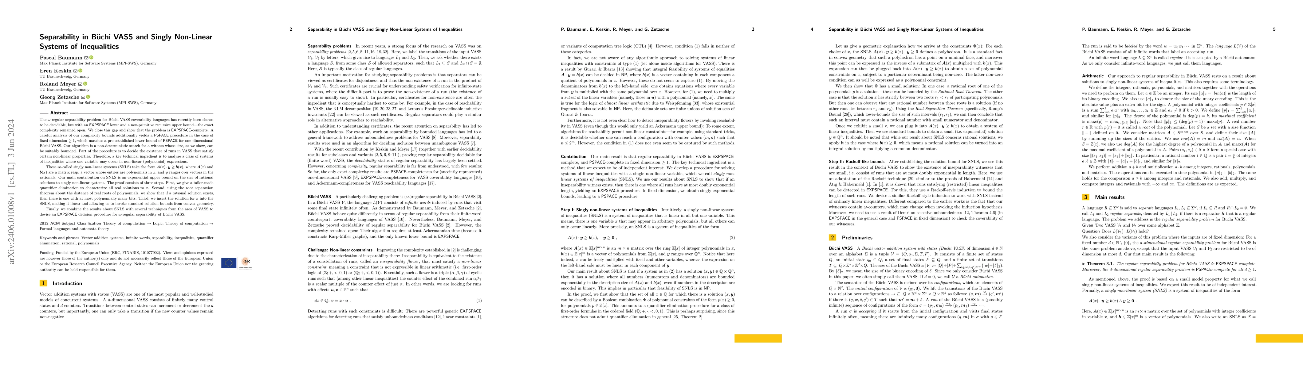 Thumbnail for Separability in B\"uchi Vass and Singly Non-Linear Systems of
  Inequalities