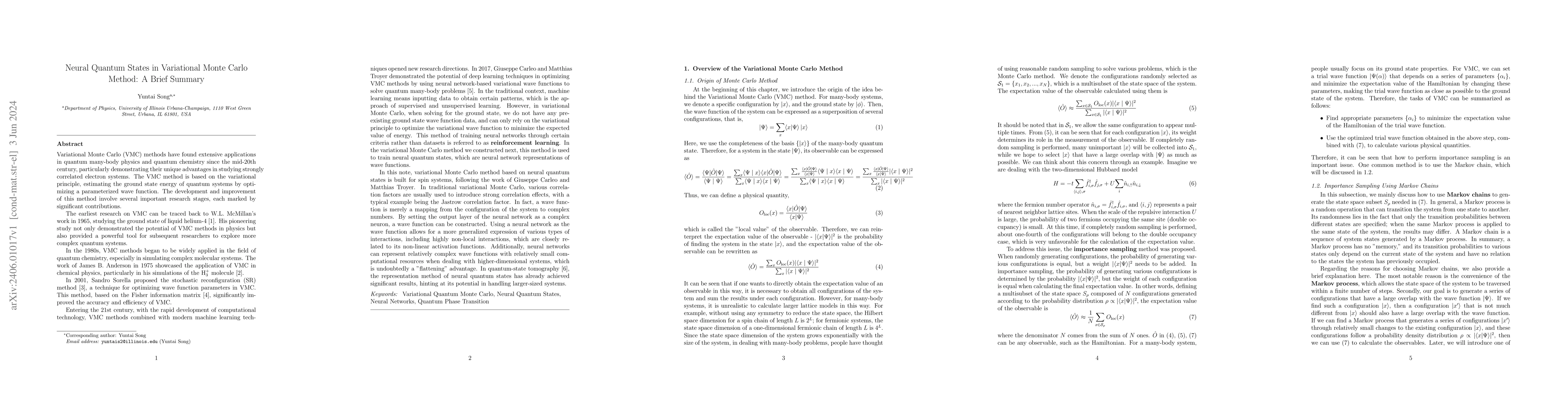 Thumbnail for Neural Quantum States in Variational Monte Carlo Method: A Brief Summary