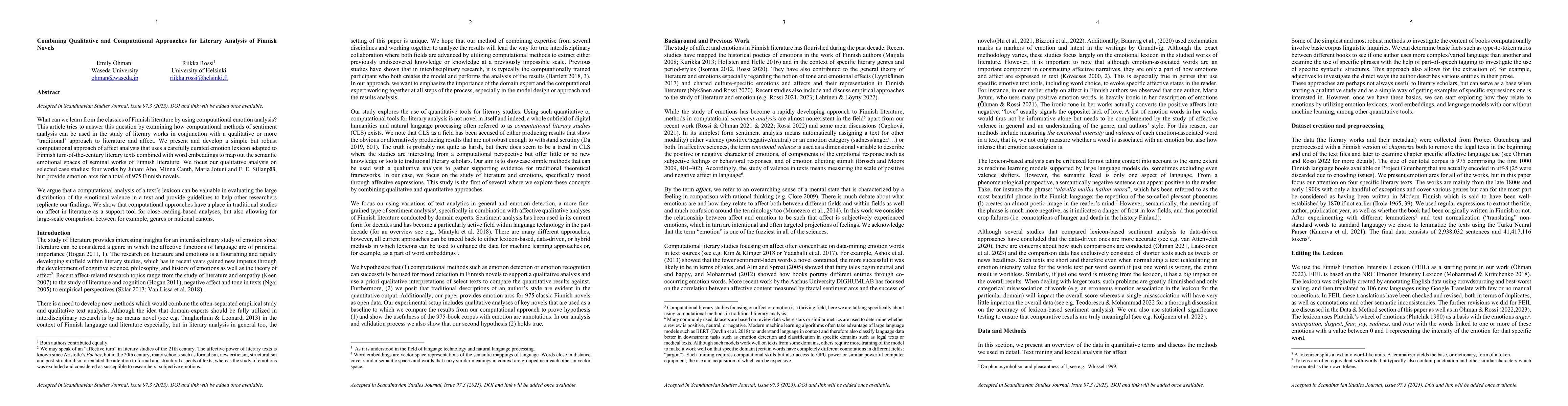 Thumbnail for Combining Qualitative and Computational Approaches for Literary Analysis
  of Finnish Novels