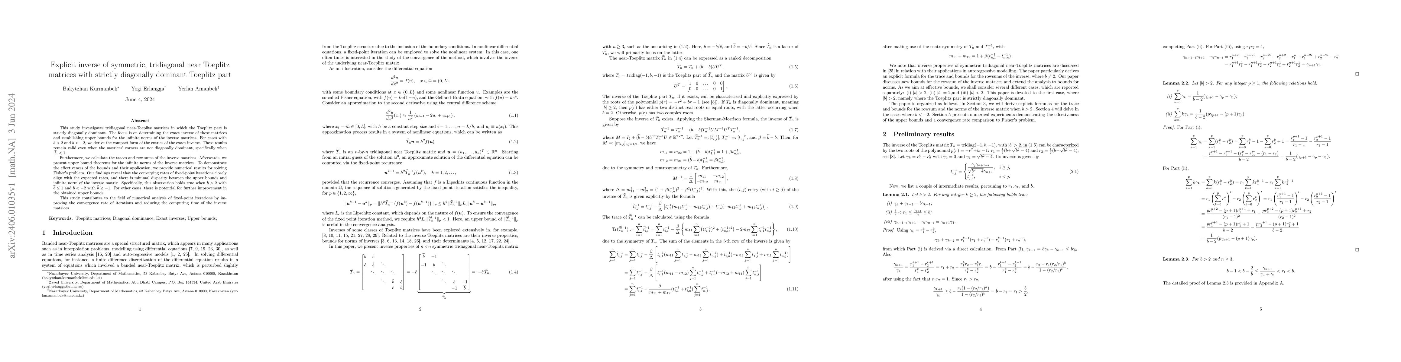 Thumbnail for Explicit inverse of symmetric, tridiagonal near Toeplitz matrices with
  strictly diagonally dominant Toeplitz part