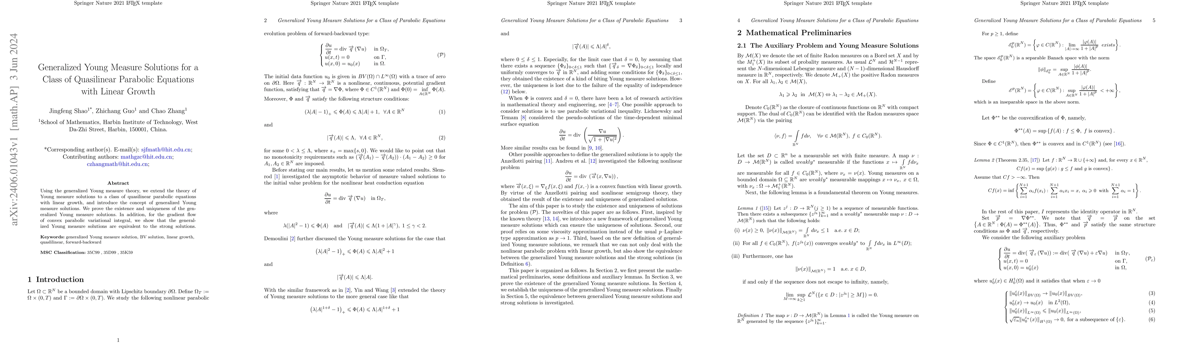Thumbnail for Generalized Young Measure Solutions for a Class of Quasilinear Parabolic
  Equations with Linear Growth