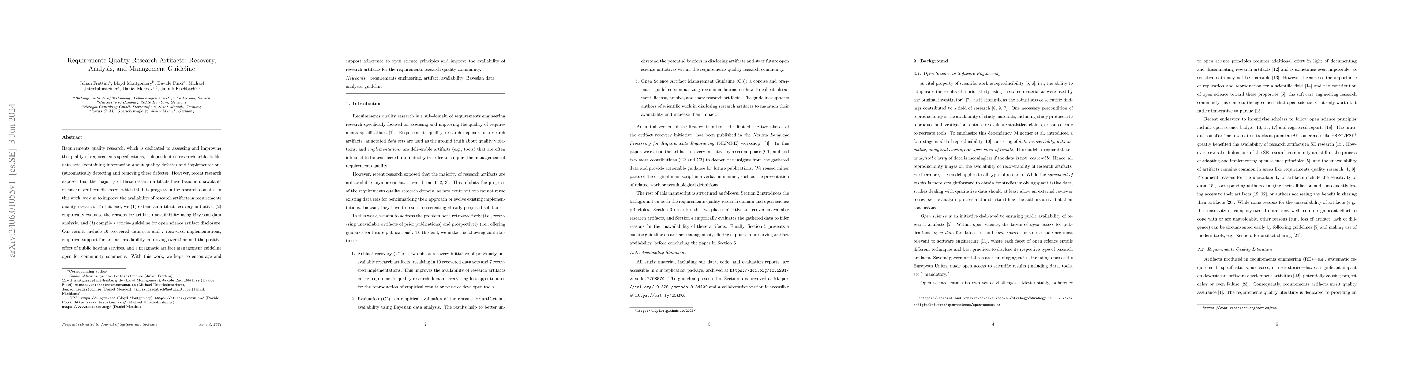 Thumbnail for Requirements Quality Research Artifacts: Recovery, Analysis, and
  Management Guideline