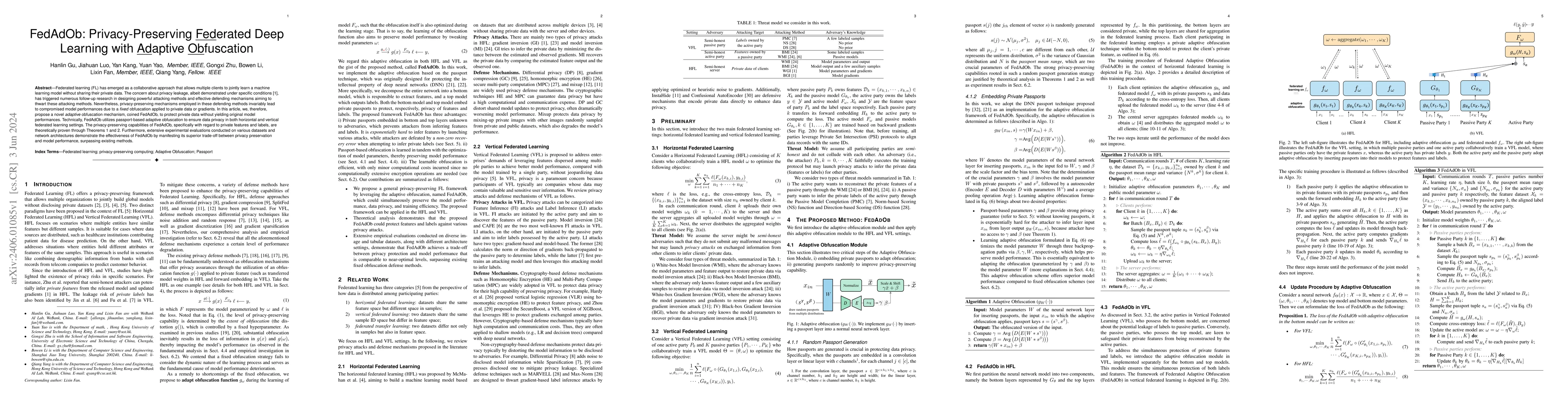 Thumbnail for FedAdOb: Privacy-Preserving Federated Deep Learning with Adaptive
  Obfuscation