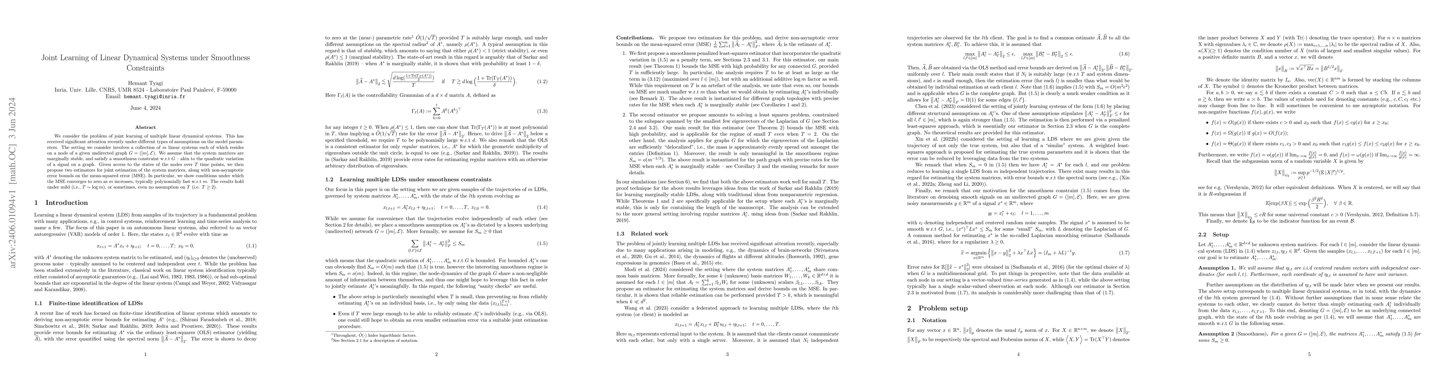 Thumbnail for Joint Learning of Linear Dynamical Systems under Smoothness Constraints