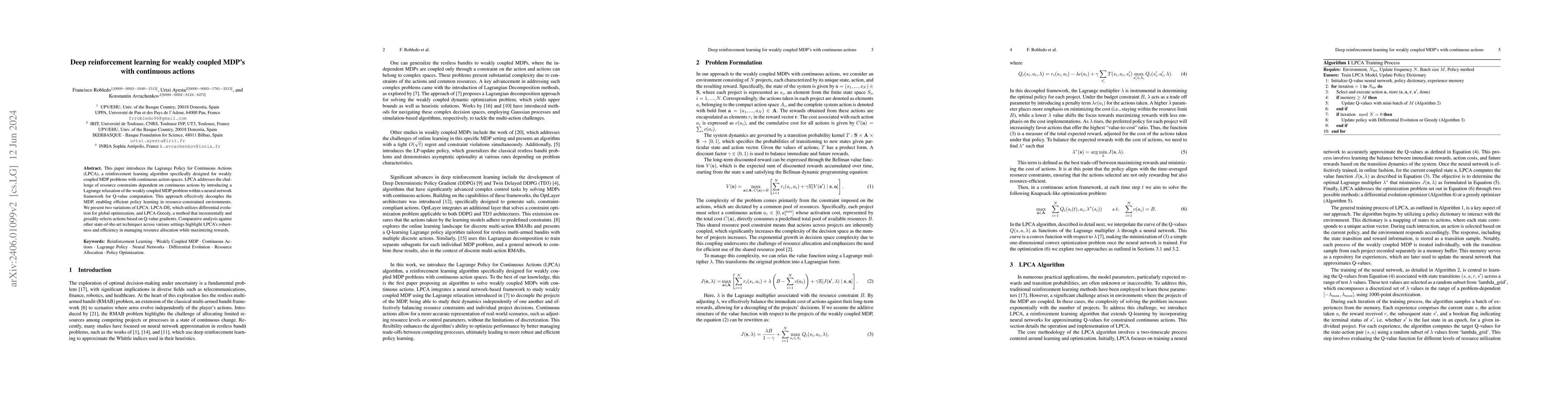 Thumbnail for Deep reinforcement learning for weakly coupled MDP's with continuous
  actions