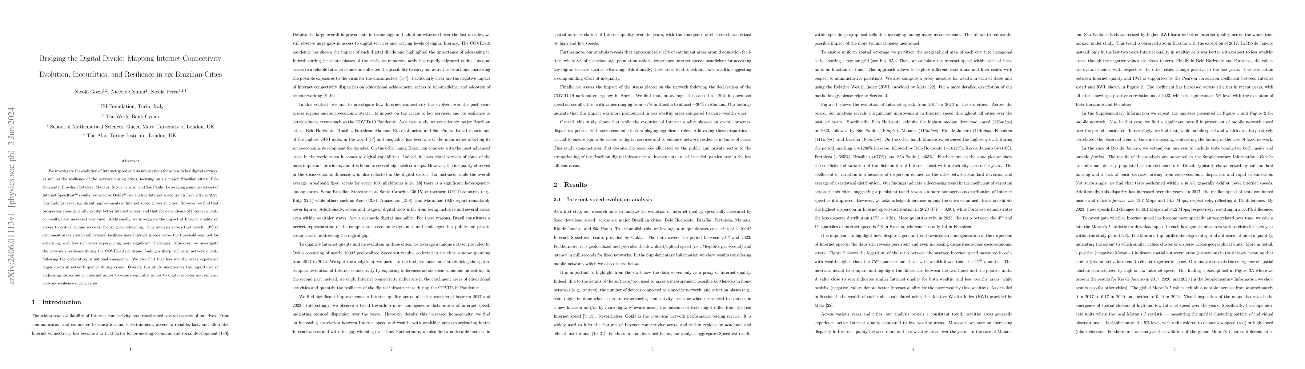Thumbnail for Bridging the Digital Divide: Mapping Internet Connectivity Evolution,
  Inequalities, and Resilience in six Brazilian Cities