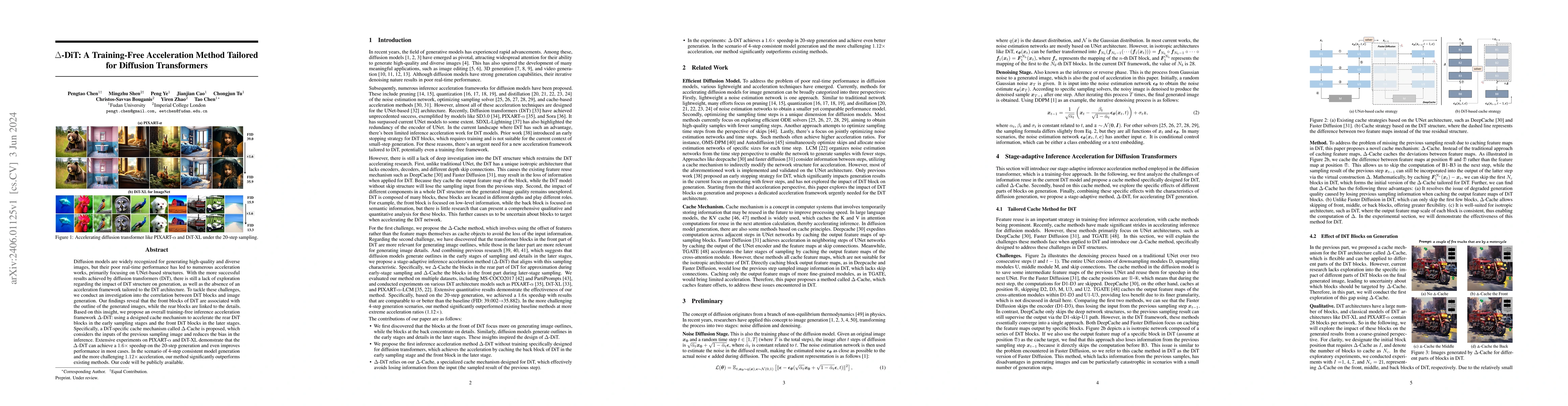 Thumbnail for $\Delta$-DiT: A Training-Free Acceleration Method Tailored for Diffusion
  Transformers