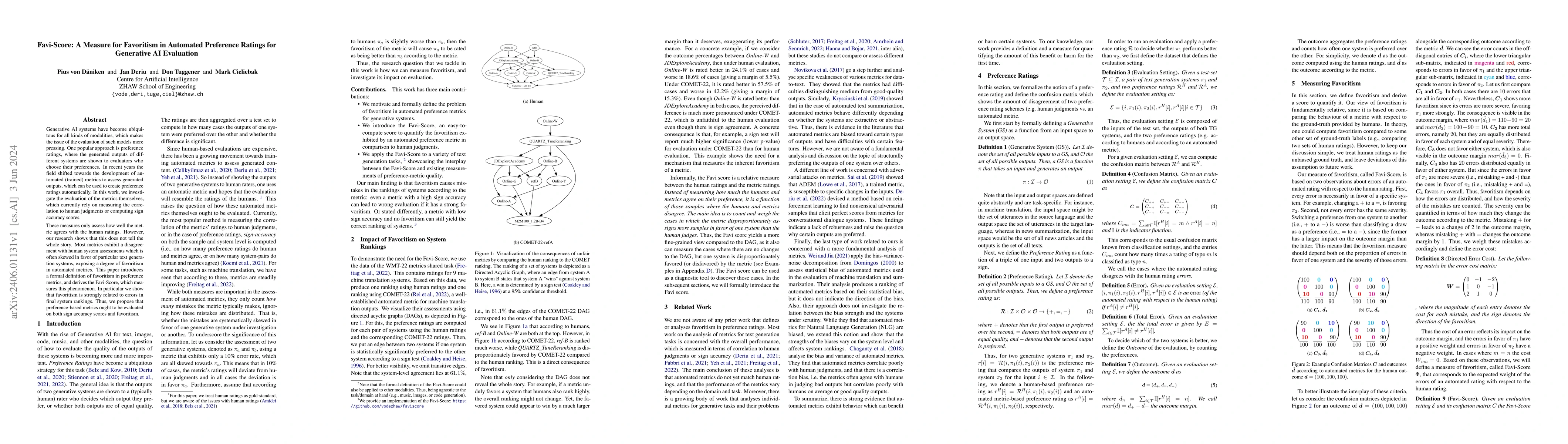 Thumbnail for Favi-Score: A Measure for Favoritism in Automated Preference Ratings for
  Generative AI Evaluation