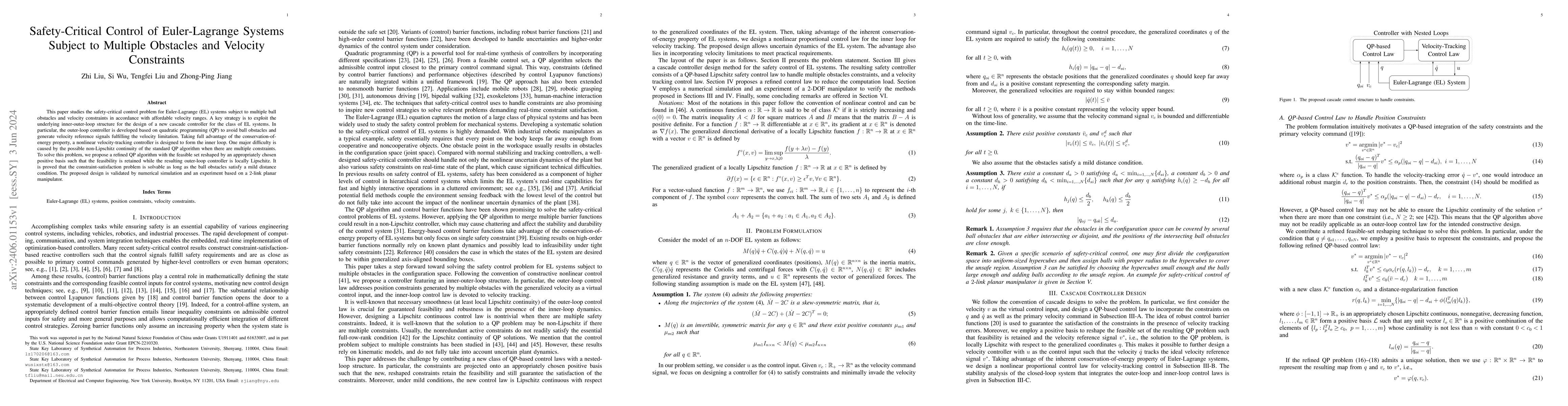 Thumbnail for Safety-Critical Control of Euler-Lagrange Systems Subject to Multiple
  Obstacles and Velocity Constraints