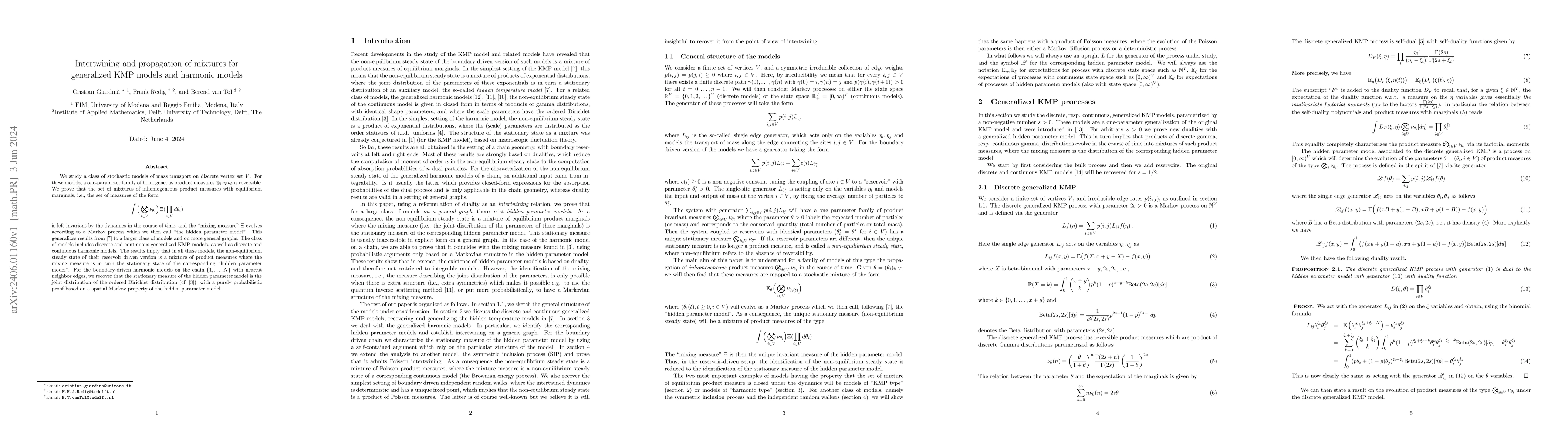 Thumbnail for Intertwining and propagation of mixtures for generalized KMP models and
  harmonic models