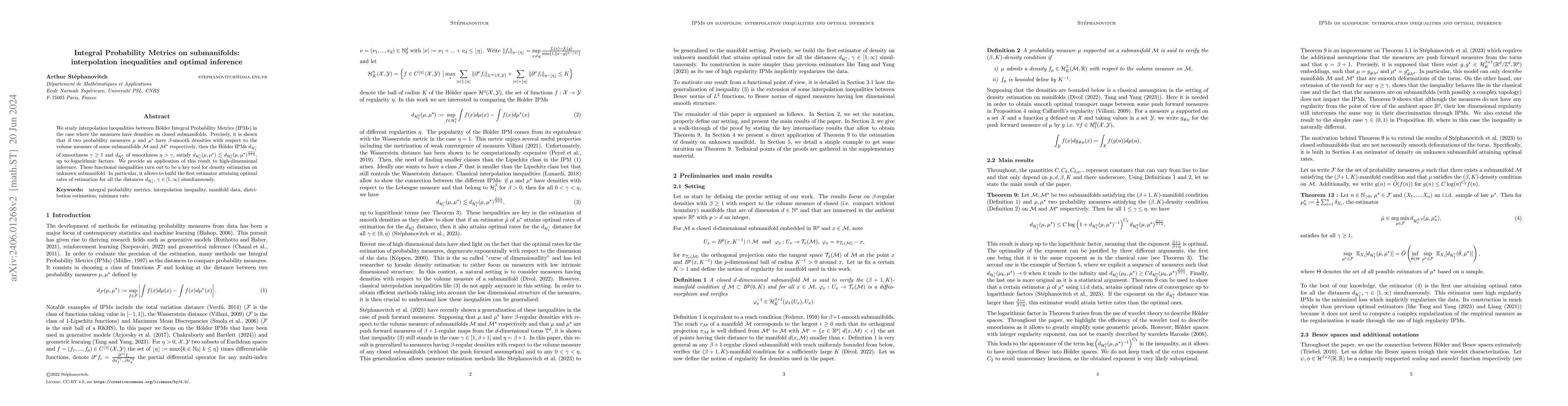 Thumbnail for Integral Probability Metrics on submanifolds: interpolation inequalities
  and optimal inference