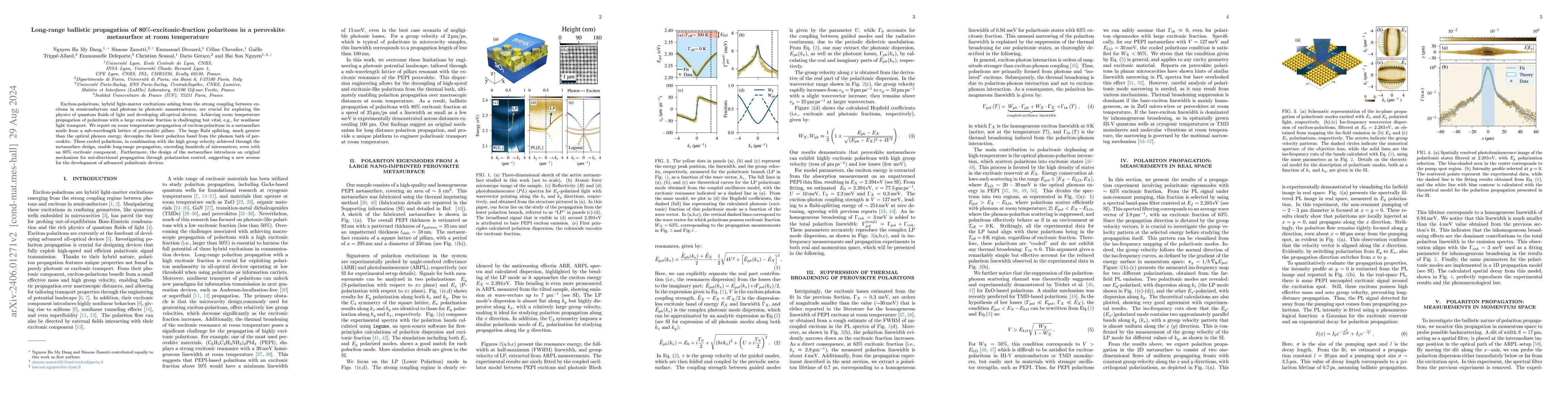 Thumbnail for Long-range ballistic propagation of 80$\%$-excitonic-fraction polaritons
  in a perovskite metasurface at room temperature