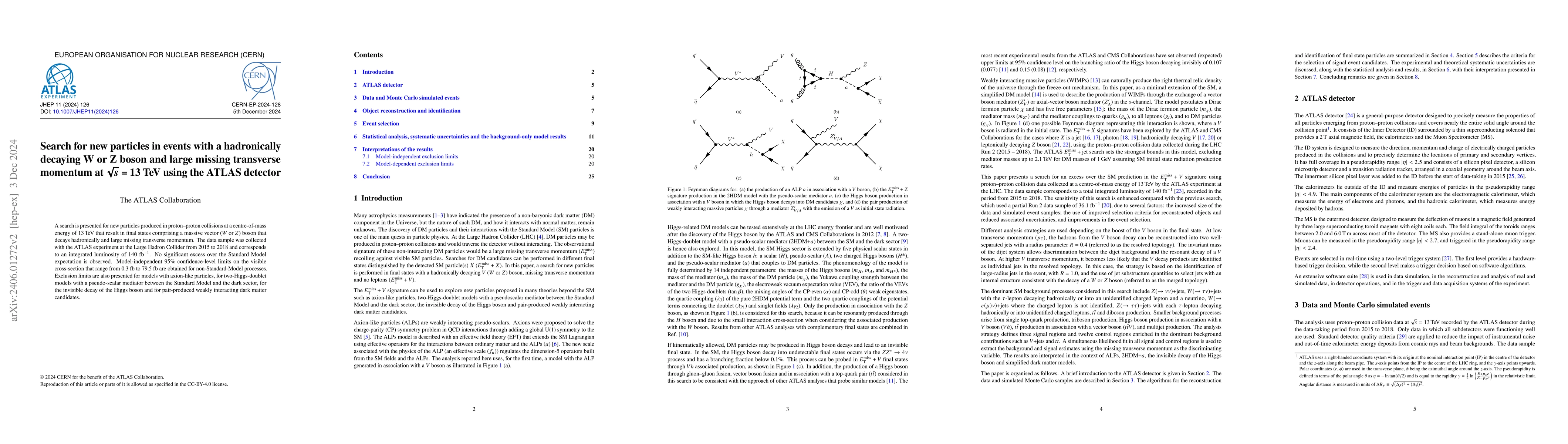 Thumbnail for Search for new particles in events with a hadronically decaying W or Z
  boson and large missing transverse momentum at $\sqrt{s}$ = 13 TeV using the
  ATLAS detector