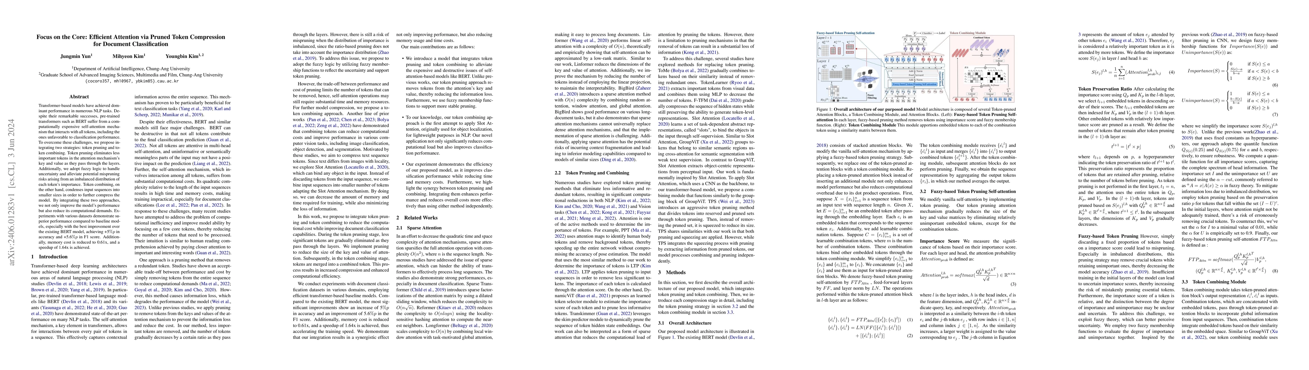 Thumbnail for Focus on the Core: Efficient Attention via Pruned Token Compression for
  Document Classification