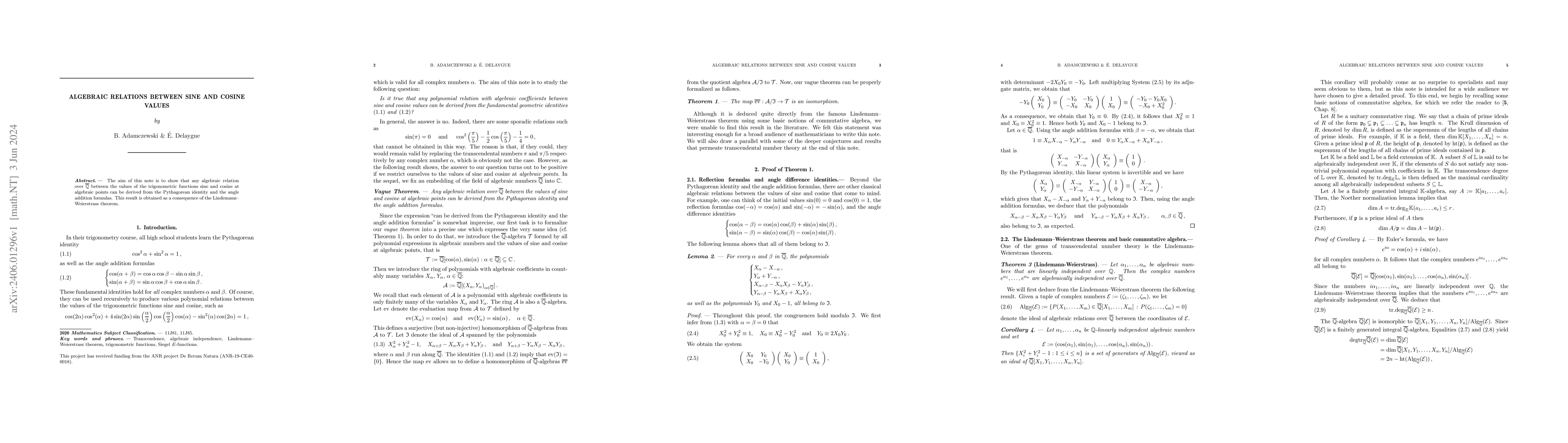 Thumbnail for Algebraic relations between sine and cosine values