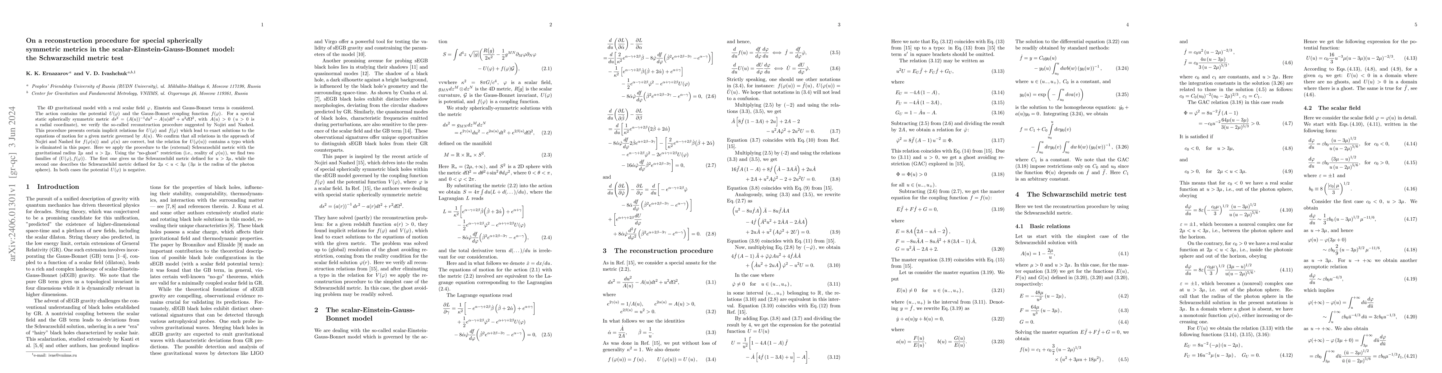 Thumbnail for On a reconstruction procedure for special spherically symmetric metrics
  in the scalar-Einstein-Gauss-Bonnet model: the Schwarzschild metric test
