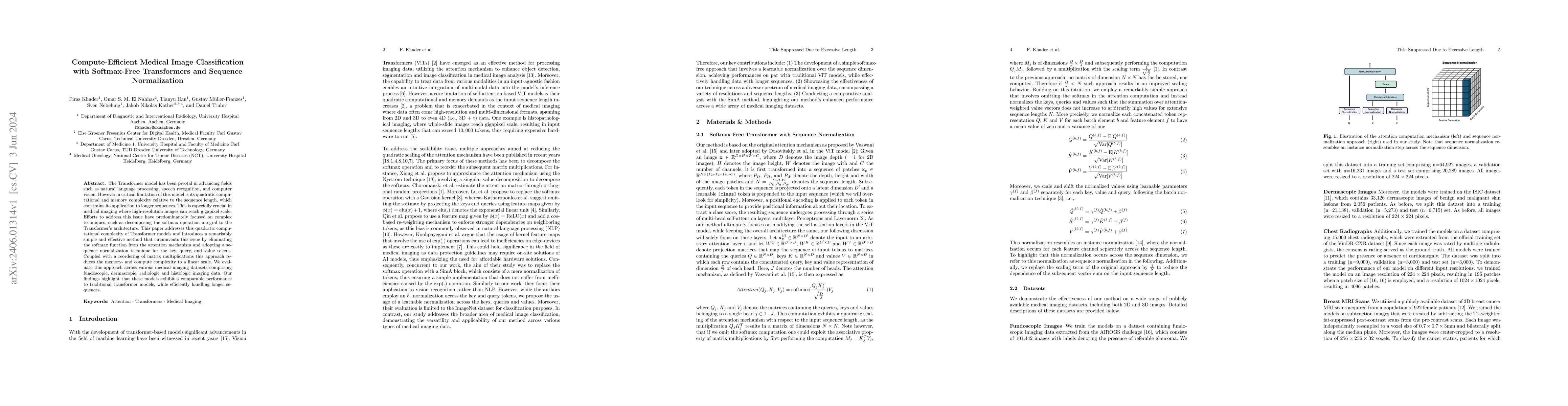 Thumbnail for Compute-Efficient Medical Image Classification with Softmax-Free
  Transformers and Sequence Normalization