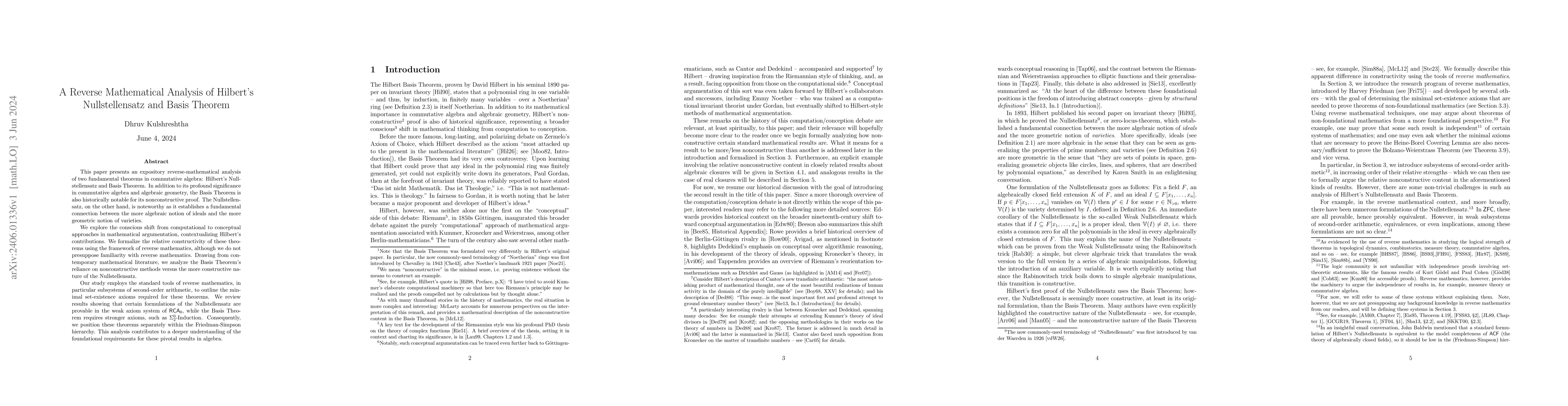 Thumbnail for A Reverse Mathematical Analysis of Hilbert's Nullstellensatz and Basis
  Theorem