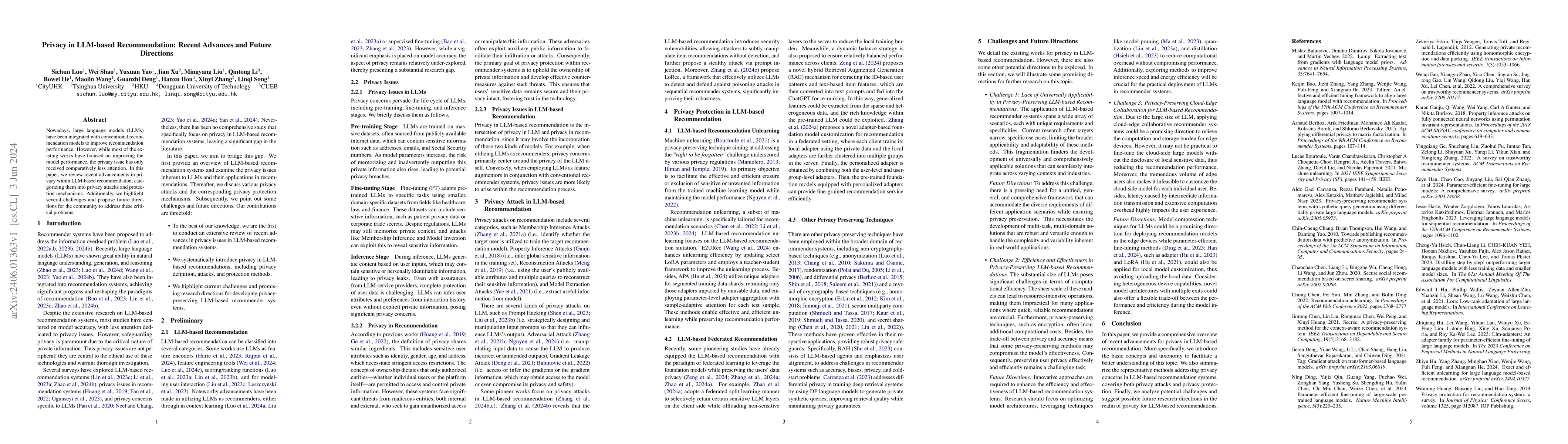 Thumbnail for Privacy in LLM-based Recommendation: Recent Advances and Future
  Directions